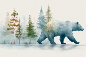 A majestic bear walks gracefully through a misty forest, blending beautifully with the surrounding trees in a captivating watercolor artwork.