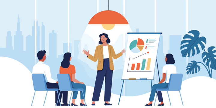 Minimal icon of business presentation scene, illustrating teamwork, data analysis, and corporate strategy in a professional meeting space.