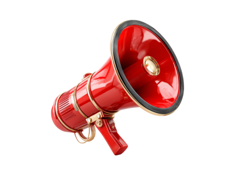 Red vintage megaphone announcement loudspeaker public address system, Isolated On White Background, Png Transparent