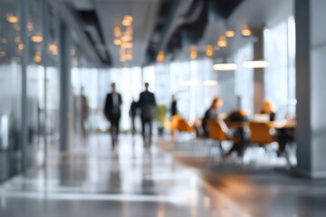 Modern office space features an abstract blurred interior showcasing professionals engaged in work and collaborative activities during daylight hours