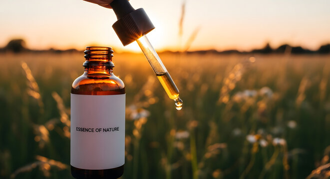 Natural wellness elixir bottle with pipette in a golden field at sunrise atmosphere