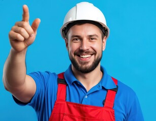 plumber repairman worker in overalls smiling and holding thumb up on blue background.