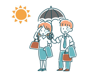 暑い日に日傘をさすスーツ姿の男女のベクターイラスト