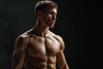 Fototapeta premium Young strong fitness trainer showcasing impressive physique in side view under dramatic lighting in a gym setting