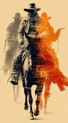 Wild West encounter with gunmen and horses in a dramatic artistic style