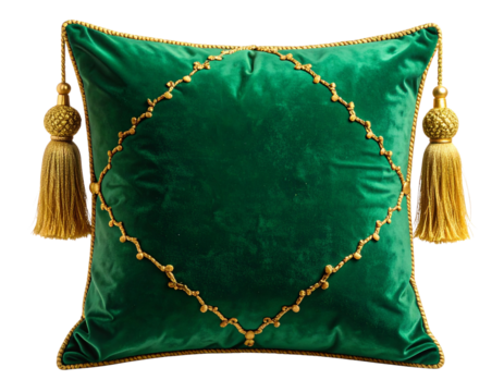 Square Emerald Green Velvet Pillow with Ornate Golden Tassels, isolated on a transparent background.