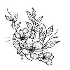 Bouquet of flowers with petals, buds and leaves, black and white sketch. vector illustration. Sprig of rosehip, isolated on background. Theme of spring, summer, for birthday, wedding, textile decor