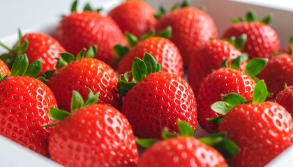 A box overflowing with ripe, red strawberries, glistening under bright light