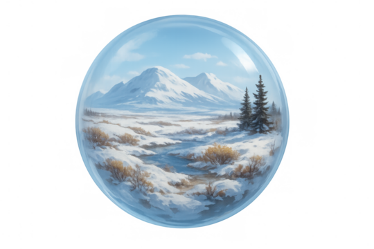 Glass sphere showing snowy mountain landscape painting, with transparent background, perfect for creative projects