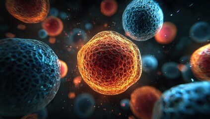 A cinematic 3D close-up of a large central cell with orange textured organelles, surrounded by smaller spherical and irregular cells in red and blue tones.
