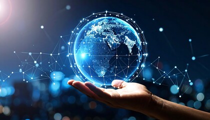 A hand gently cradles a glowing, digital globe, interconnected by lines of light against a blurred cityscape backdrop