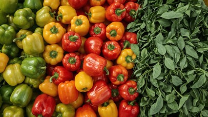 Colorful Rainbow Peppers and Spinach: Organic Fresh Vegetables for Healthy Eating and Meal Prep at Farmers Market Display