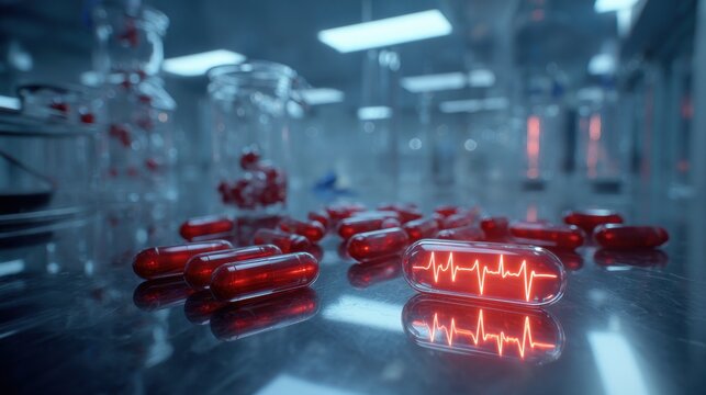 A cinematic composition of red-blue gel capsules scattered on a glossy lab bench under cold white light. A large capsule in the front glows with a translucent hologram of a heartbeat waveform. - Powered by Adobe