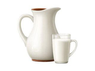 Fresh milk in a white ceramic pitcher and glass, Isolated On White Background, Png Transparent
