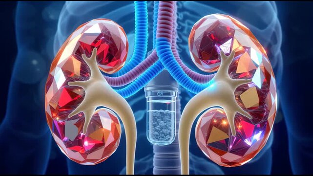 Dynamic 3D medical visualization illustrating abstract human kidneys as vibrant crystal organs linked to a crucial filtration process