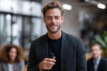 Confident motivated team leader presents engaging ideas to a receptive audience in a modern office setting during a team meeting