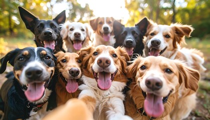 A playful selfie with a pack of happy dogs outdoors