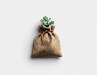 A burlap sack, cinched with twine, sprouts green leaves from its top against a clean white surface, evoking growth and potential