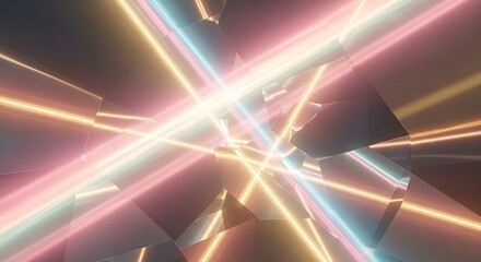 Glowing pastel neon light beams of pink, blue, and yellow cross in an abstract, dark space.