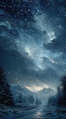 Fototapeta premium Snowfall over a mountainous landscape under a starry night sky with bright clouds in winter