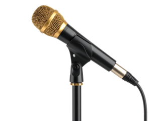 A black and gold wired microphone is mounted on a stand, ready for use in speaking or singing.