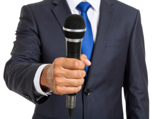A person in a dark suit and blue tie is holding a microphone forward, suggesting an interview or speech.