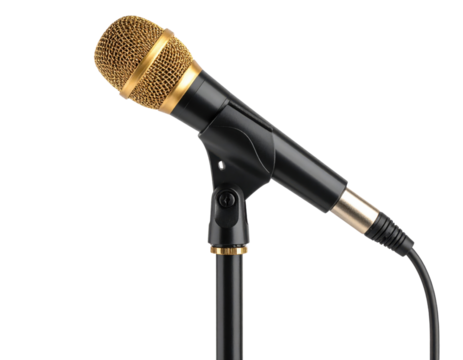 A black and gold wired microphone is mounted on a stand, ready for use in speaking or singing.