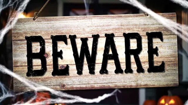 A wooden beware sign hangs in a spiderwebcovered doorway with pumpkins and candles 4k video