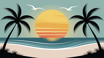 Peaceful sunset beach scene with palm trees, ocean waves, and flying birds, symbolizing relaxation, nature, and tropical tranquility.