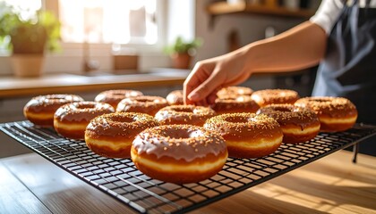 A hand selects glazed donuts from a cooling rack in a sunlit kitchen