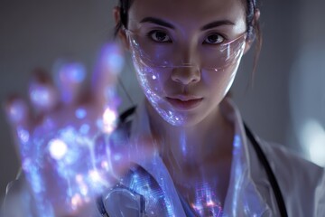 Female Asian medical professional using advanced technology to analyze patient data in a futuristic healthcare setting