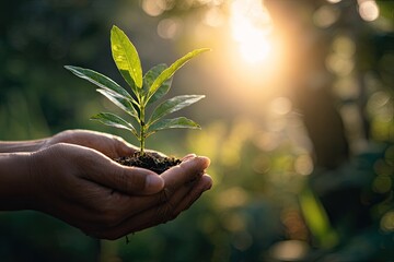 Hands holding a small seedling