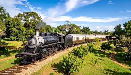 Obraz premium Vintage Steam Train Through Lush Landscape