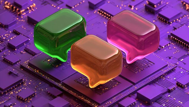 3D render of three color speech bubbles on top of an empty square block, with a purple background featuring a circuit board pattern.