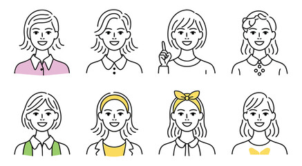 Stylized head-and-shoulders icon set of eight diverse individuals with varied hairstyles and collars, symbolizing identity, diversity, and fashion.