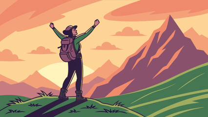 Woman hiking mountain peak outdoor adventure travel backpacking trekking reaching summit success landscape vector