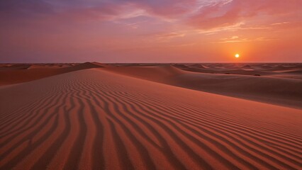 Naklejka premium Desert Sunset: Tranquil Sand Dunes and Expansive Scenic View in Nature's Golden Hour