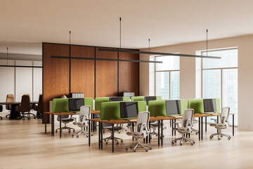Modern open space office interior with green panel desks, ergonomic chairs, and wooden accents in a city high-rise concept workspace design. 3D Rendering