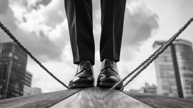 Businessman standing on a narrow wooden platform high above city ropes on either side