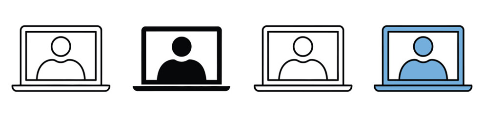 Set of four laptop icons with user profiles in outline and filled styles, representing digital identity, video calls, and online interaction.