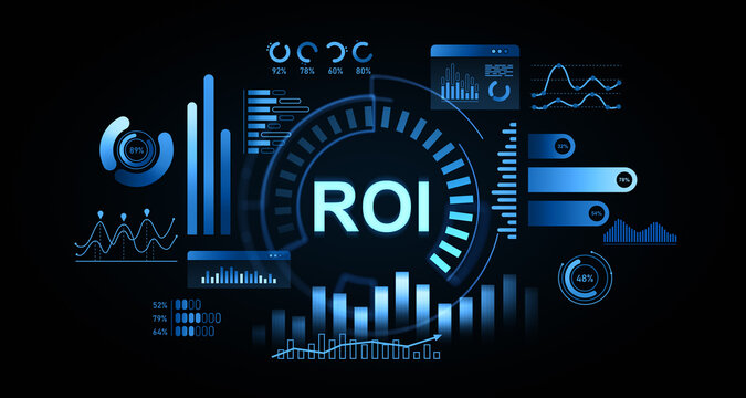 Futuristic ROI dashboard interface with glowing data charts and analytics elements on dark background, illustrating business performance concept. 3D Rendering - Powered by Adobe