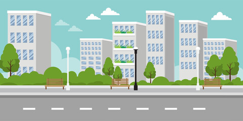 Flat style of  Urban Cityscape with Road, Trees, and Modern Buildings

