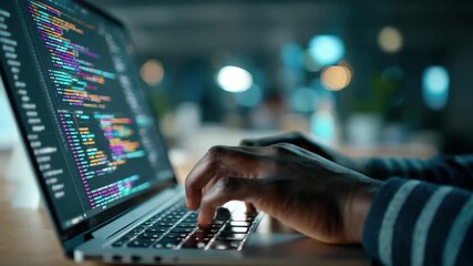 Dark hands coding on laptop colorful code night work,, 4k video footage - Powered by Adobe