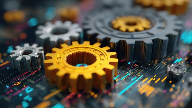 A close-up of interlocking gears with an illuminated yellow gear in the center, surrounded by smaller gray and blue cogs, set against a background filled with colorful digital data points. - Powered by Adobe