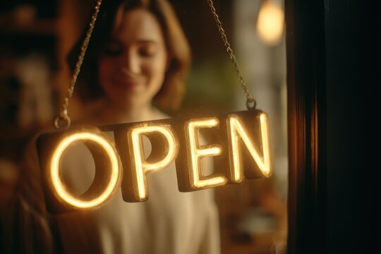 Caucasian female turning sign from closed to open with a warm smile in a cozy shop during the afternoon glow of sunlight
