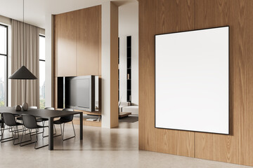 Modern dining room interior with large blank poster mockup on wooden wall and clean minimalist design concept in soft natural lighting. 3D Rendering