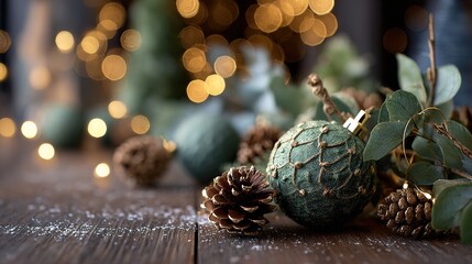 A cozy Christmas close-up featuring matte green ornaments, bronze pinecones, eucalyptus leaves, and a strand of soft amber fairy lights on a dark wooden table.