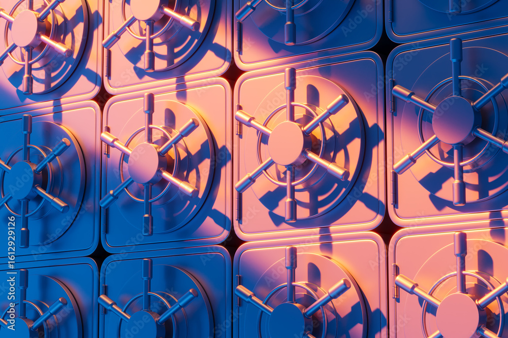 Poster repeating pattern of secure vault doors with metallic handles in dramatic lighting creating a futuri