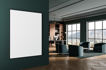 Blank poster mockup on dark green wall in modern office interior with seating area, large windows, and stylish wooden decor. 3D Rendering