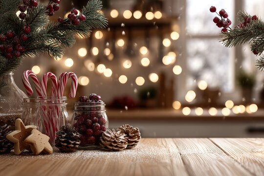 A cozy winter kitchen scene with pine branches, dried cranberries, cookie cutters, and candy canes above. Below, a snowy wooden countertop with blurred bokeh lights in warm yellow tones